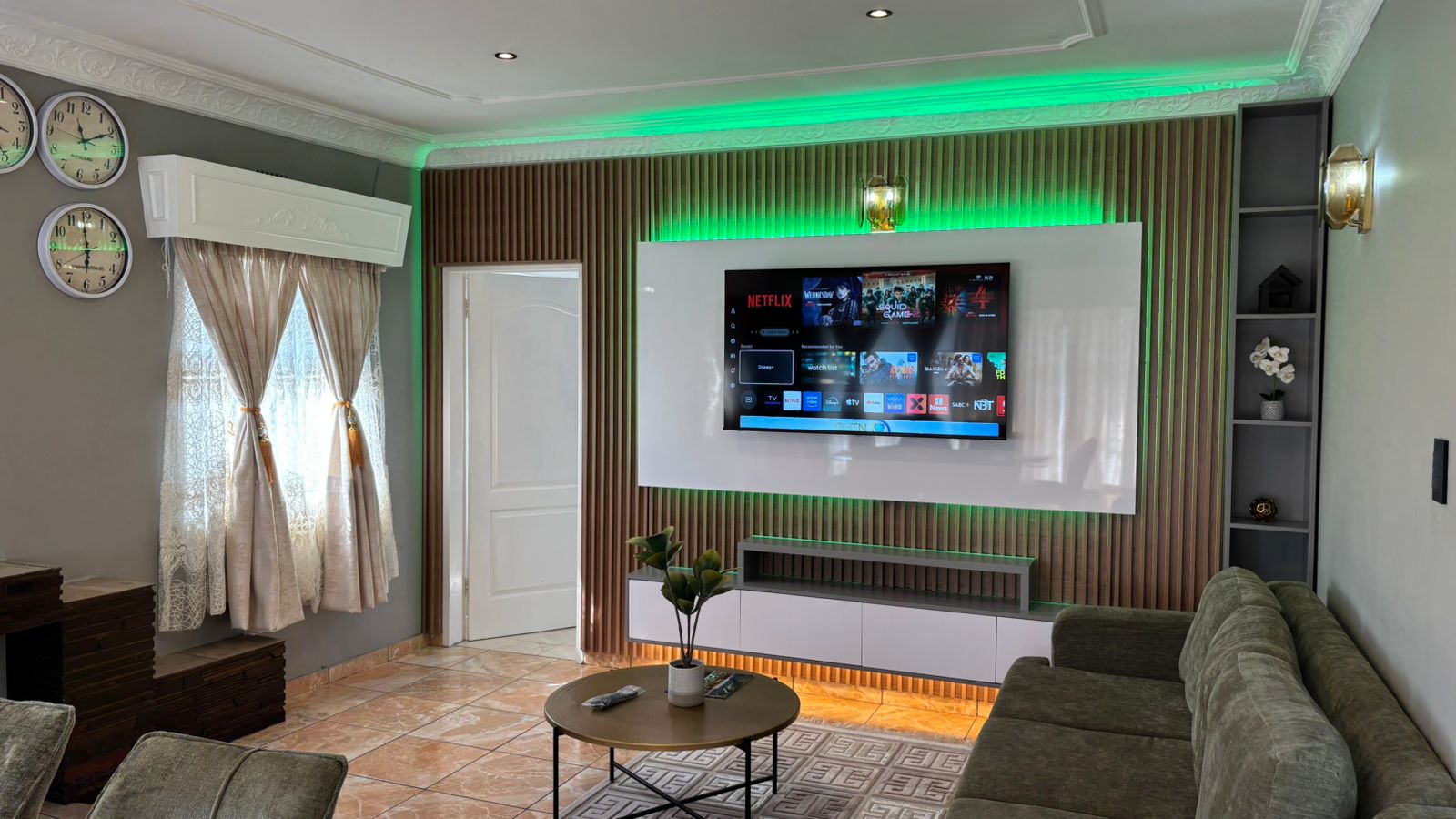 Living room seating and television feature wall